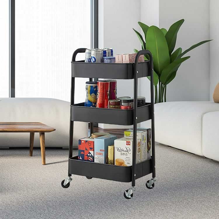 3 Tier Household Kitchen Living Room Movable Metal Storage Cart With 4 Wheels