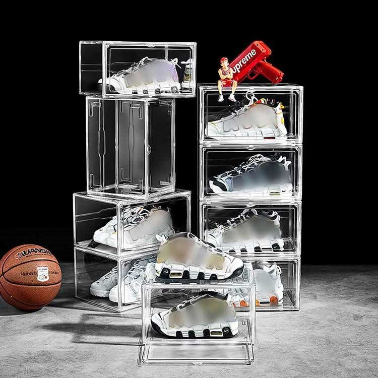 White Glass Drop Front Plastic Shoe Display Box Magnetic Stackable