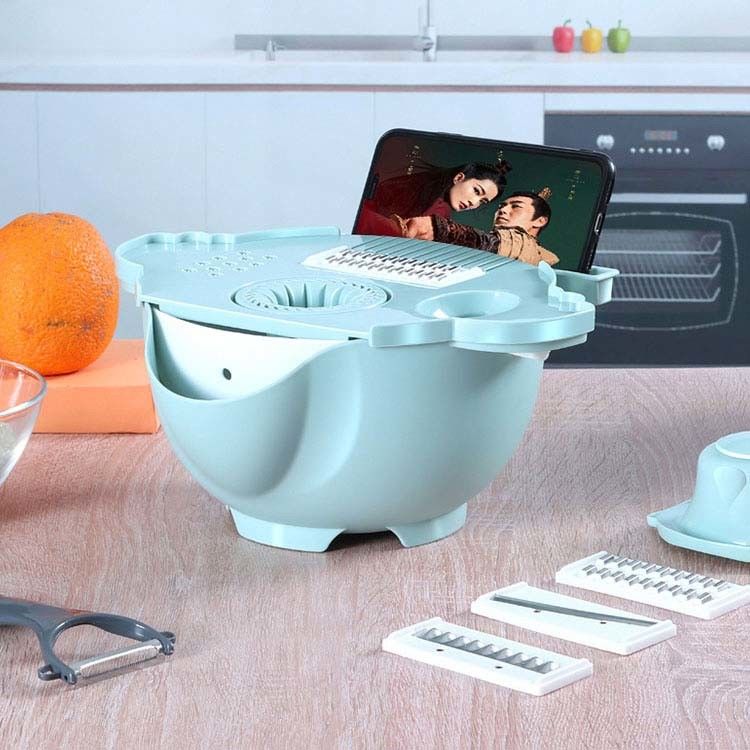 Portable Blue 4 Dicing Blades Vegetable Cutter With Drain Basket